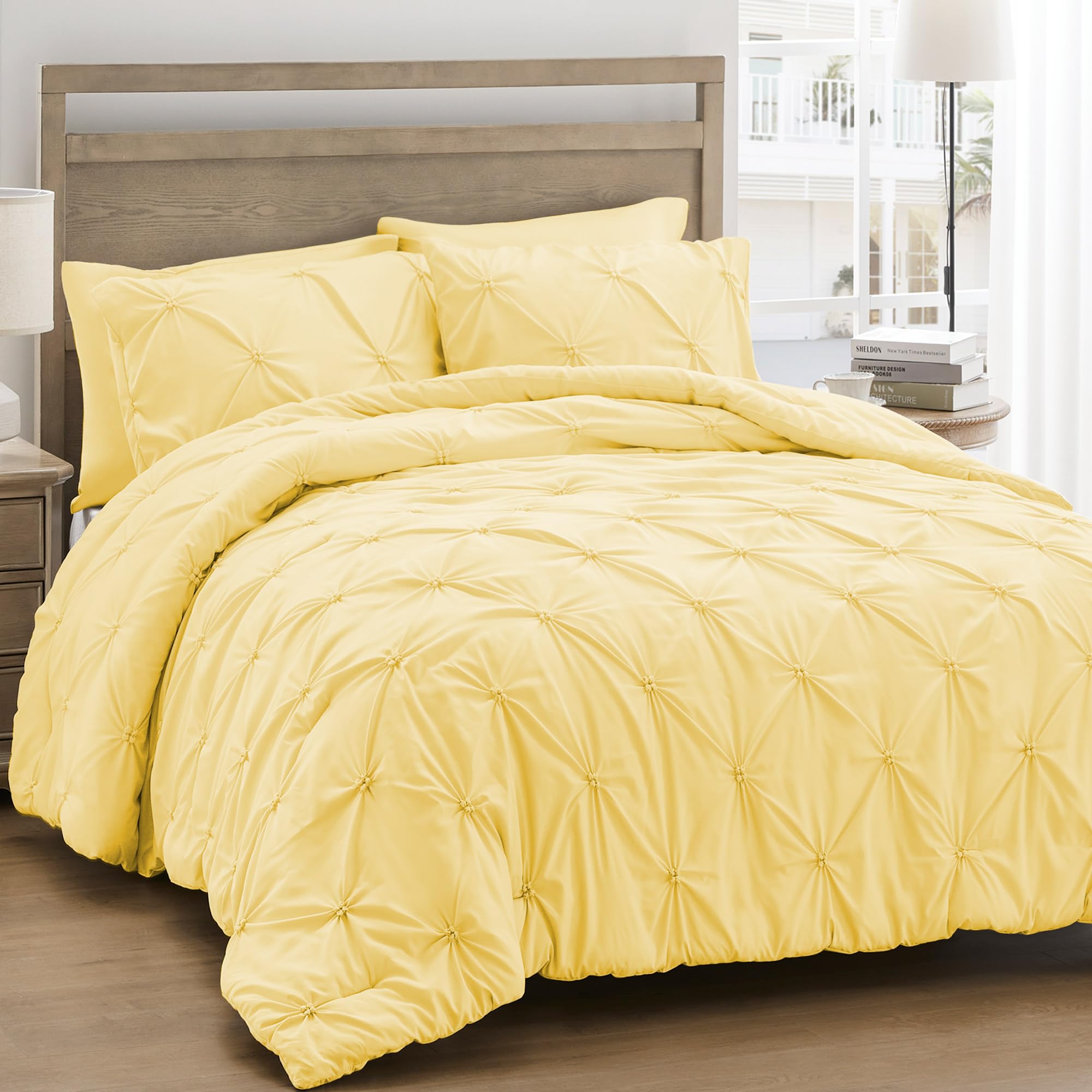 Unikome Queen Comforter Set Yellow - Soft Fluffy Pintuck Down Alternative Bedding Set For All Seasons, 3 Pieces Pinch Pleat Soli